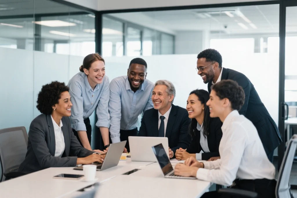 快乐且敬业的员工在现代办公室中协作