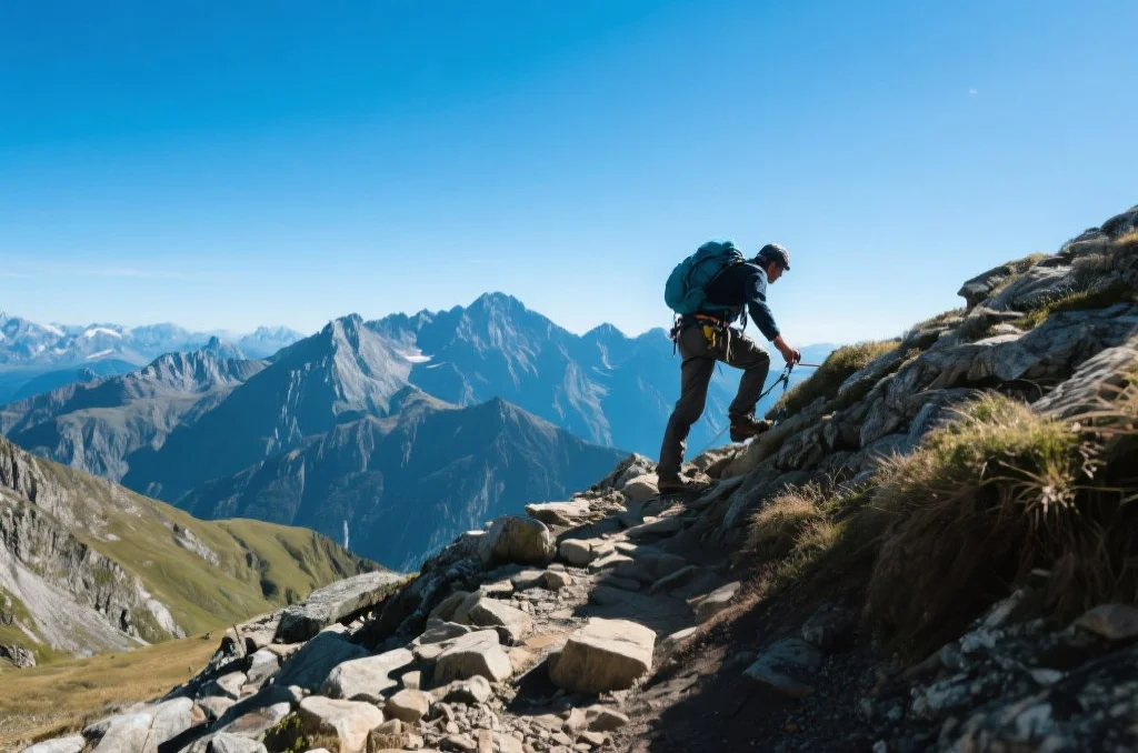一位登山者在崎岖的山路上克服挑战,象征着风险管理和策略调整